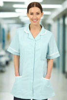 NCLT- Ladies Round Collar Tunic Green Stripe / White Trim Behrens 6