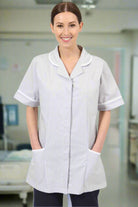 NCLT- Ladies Round Collar Tunic Grey Stripe / White Trim Behrens 6