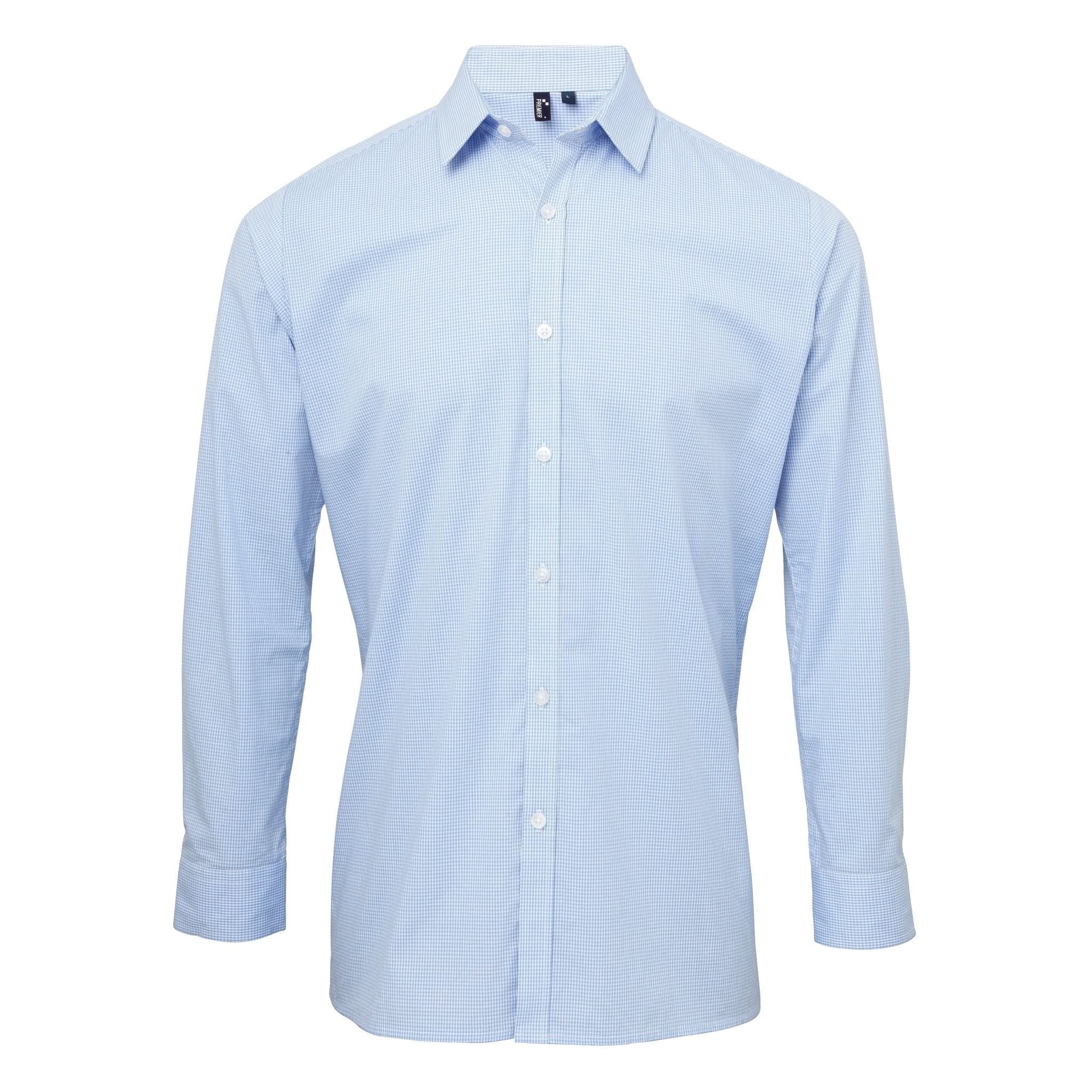 PR220: Mens Microcheck Shirt Mens Long Sleeve Shirts Premier Light Blue/White XS