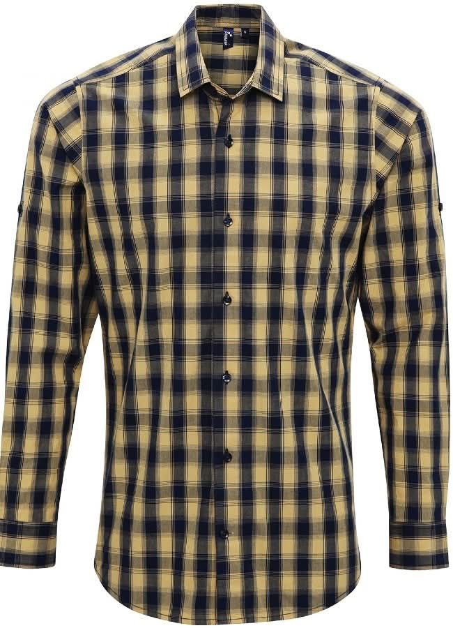 PR250: Mulligan Mens Check Shirt Mens Long Sleeve Shirts Premier Camel/Navy S