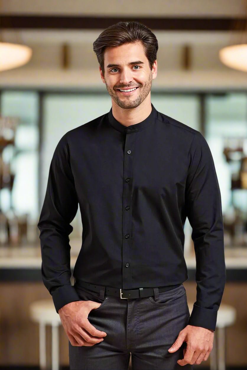 PR258: Mens Grandad Collar Shirt Mens Long Sleeve Shirts Premier Black XS