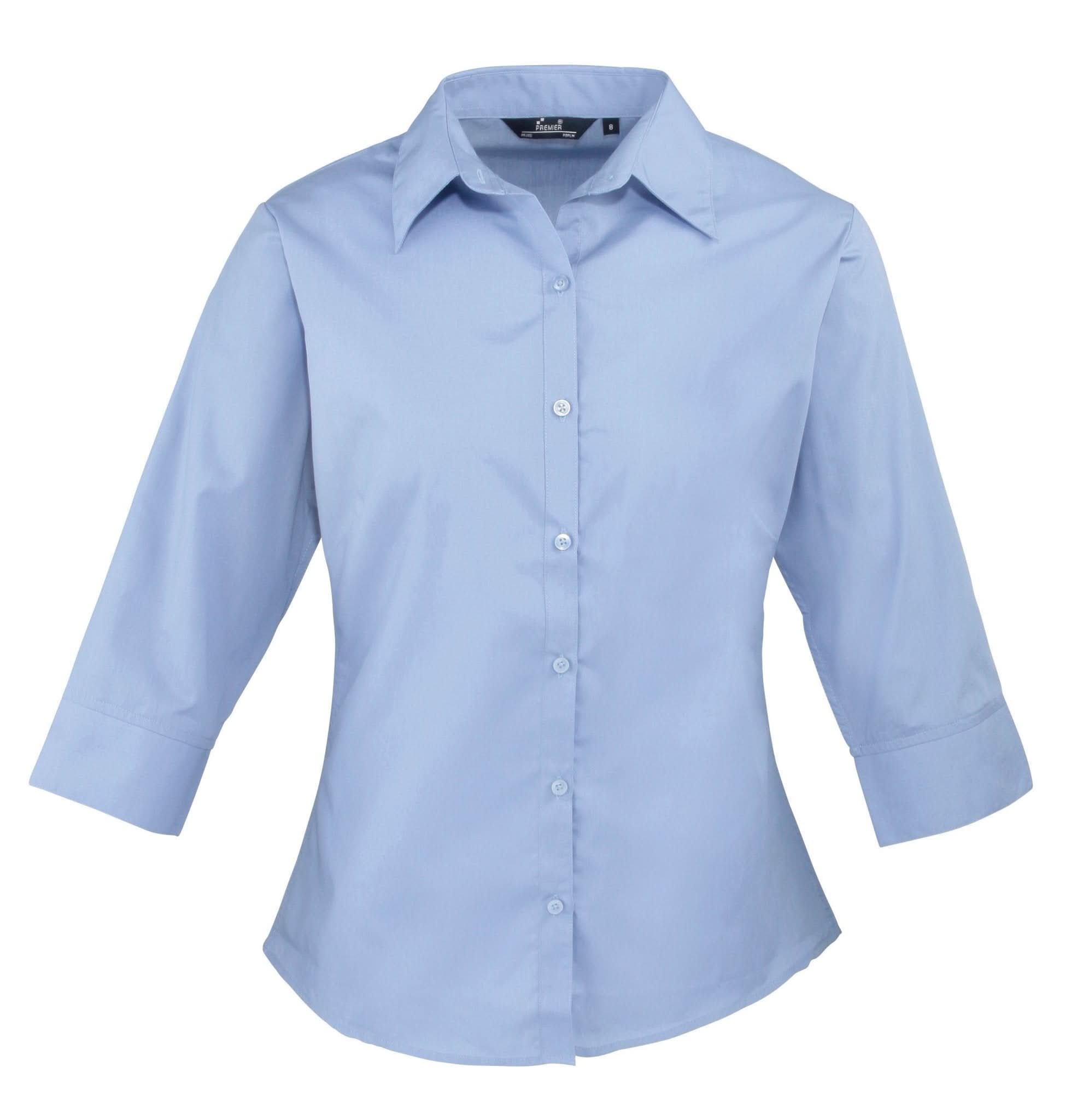PR305: Ladies 3/4 Sleeve Poplin Shirt Womens Long Sleeve Shirts Premier Mid Blue 6
