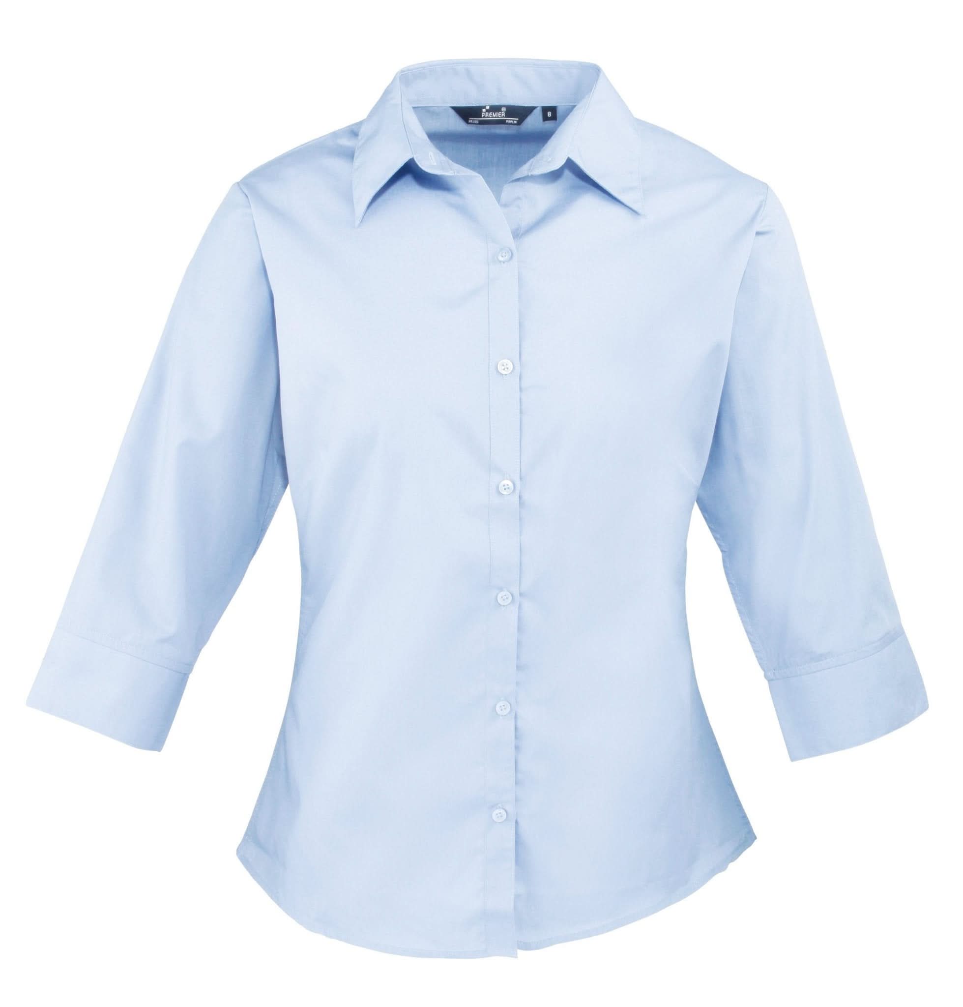 PR305: Ladies 3/4 Sleeve Poplin Shirt Womens Long Sleeve Shirts Premier Light Blue 6