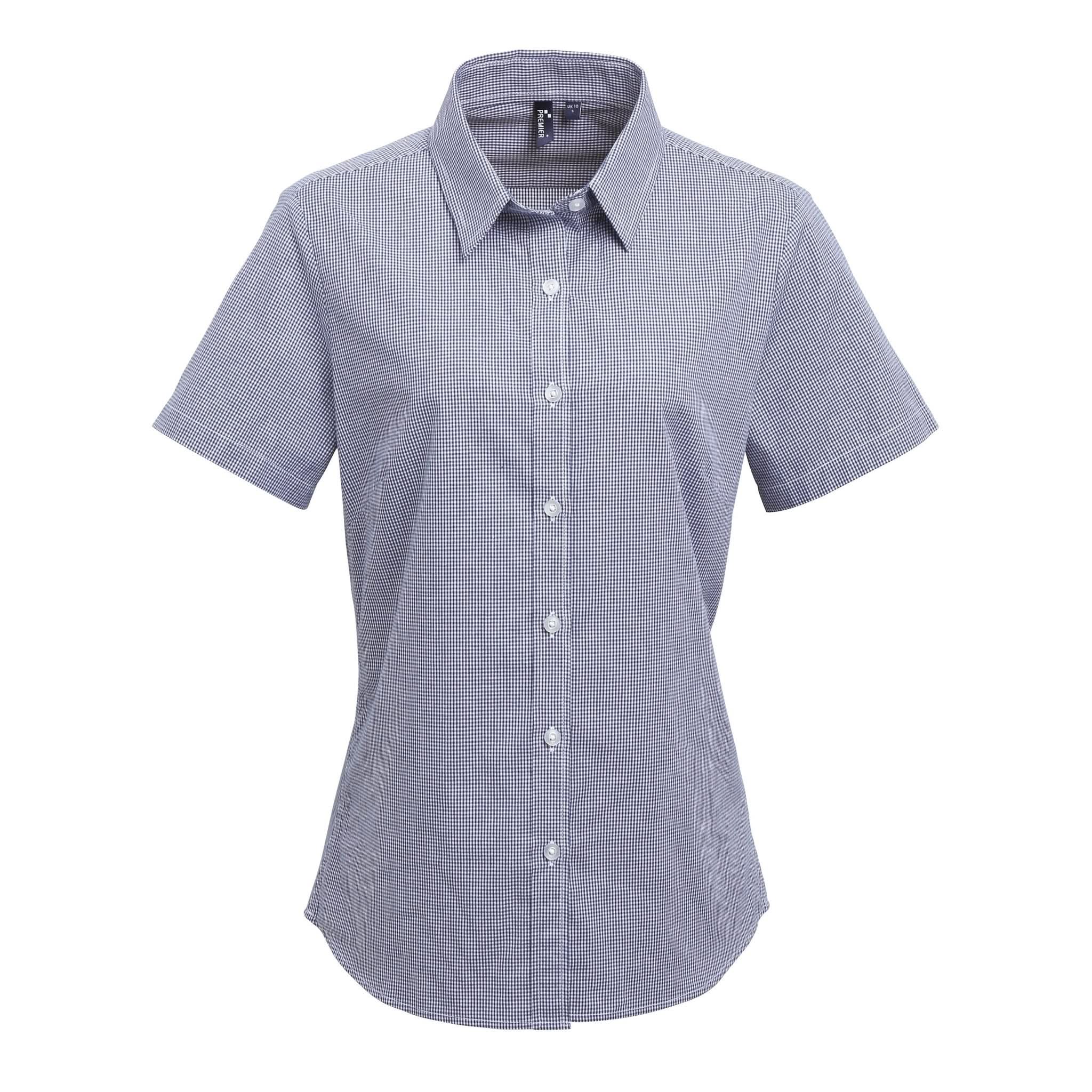 PR321: Ladies Microcheck Shirt Womens Short Sleeve Shirts Premier Navy/White XS