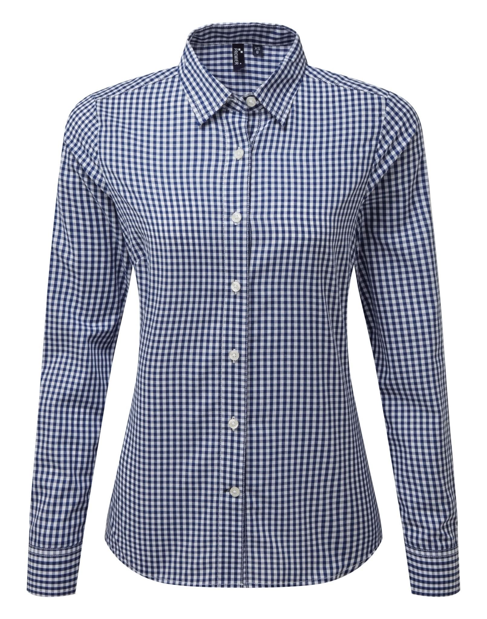 PR352: Ladies Maxton Check Shirt Womens Long Sleeve Shirts Premier Navy/White XS