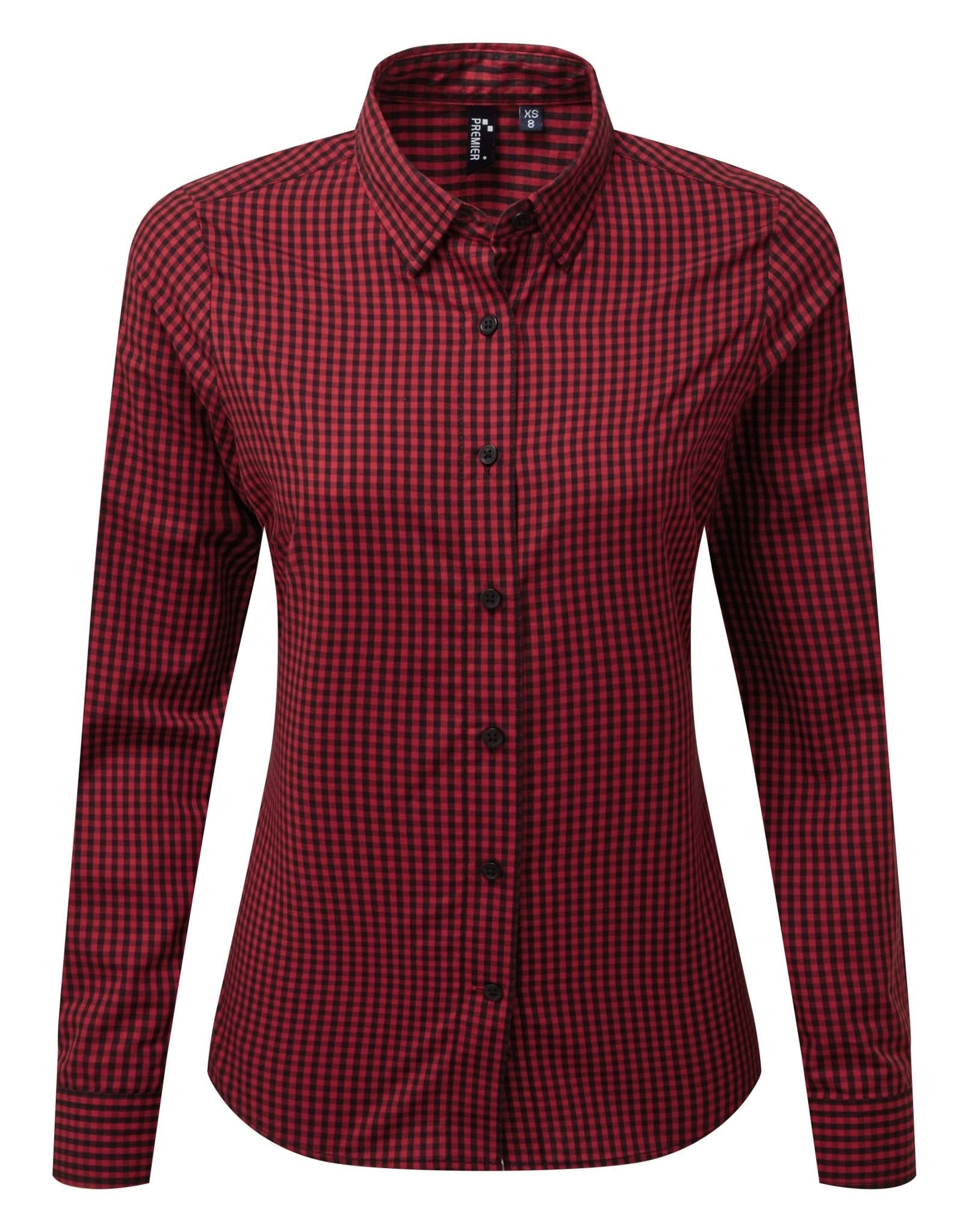 PR352: Ladies Maxton Check Shirt Womens Long Sleeve Shirts Premier Black/Red XS