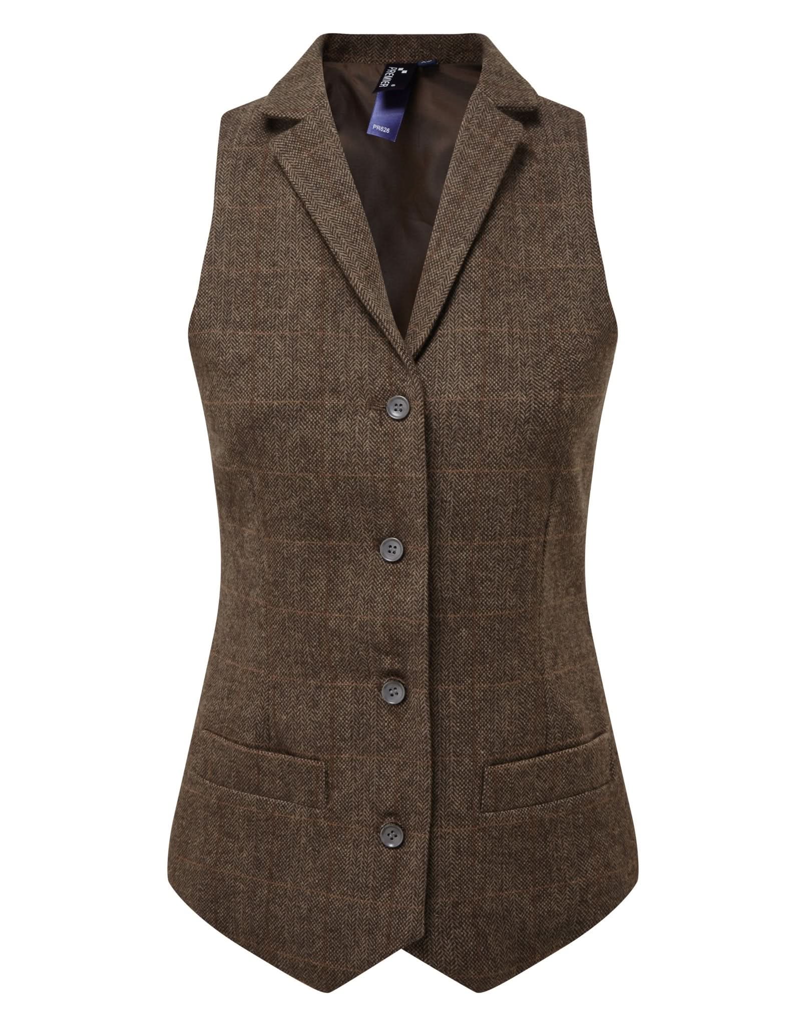 PR626: Ladies Herringbone Waistcoat Ladies Hospitality Waistcoats Premier Brown Check XS