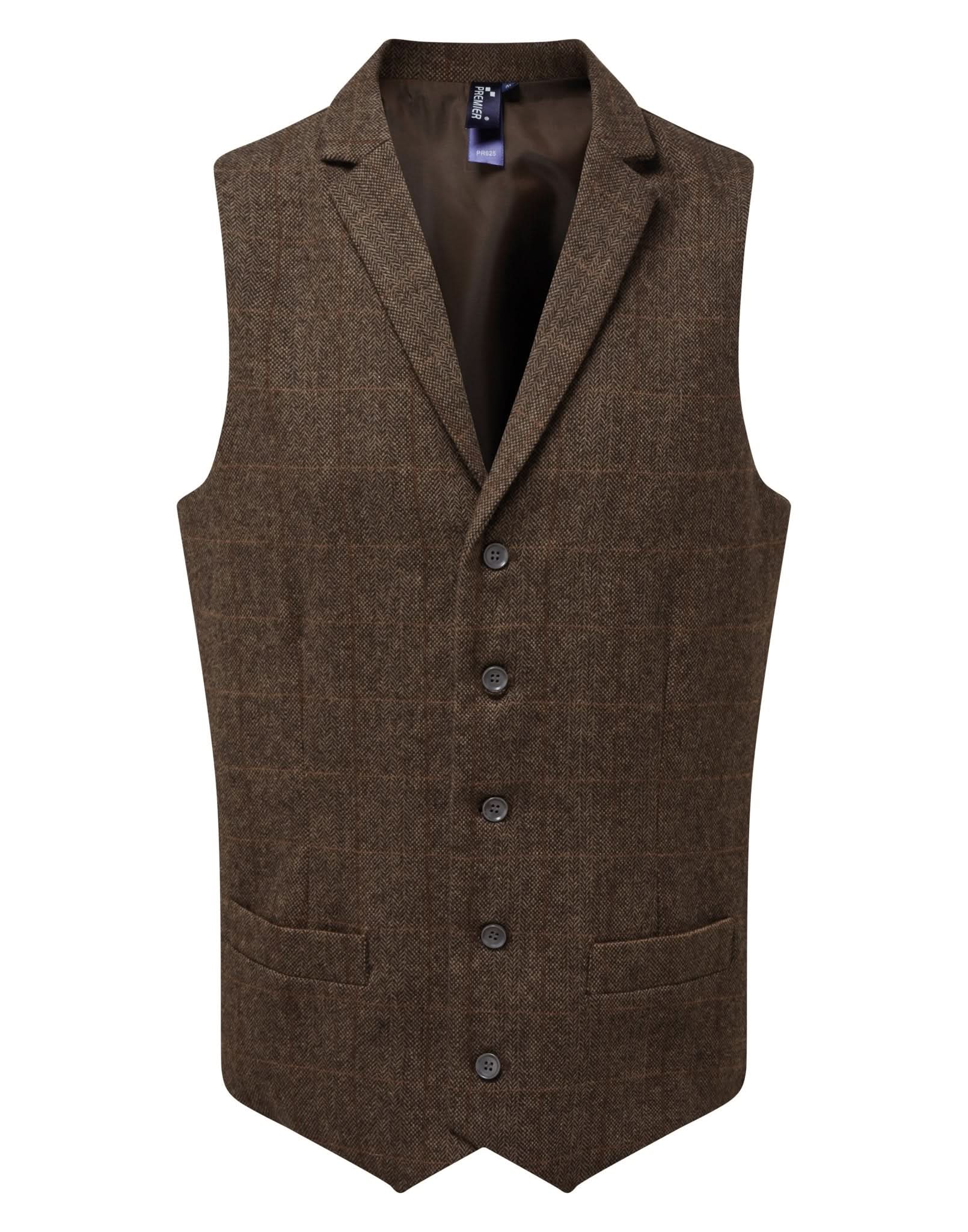 PR652: Mens Herringbone Waistcoat Mens Hospitality Waistcoats Premier Brown Check XS